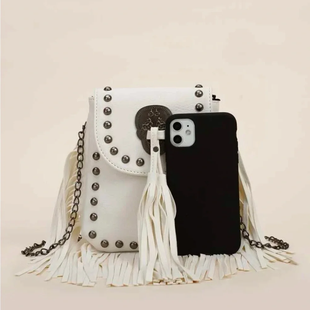 Beige Mini Tassel and Studded Chain Crossbody Bag - Picture 4 of 6
